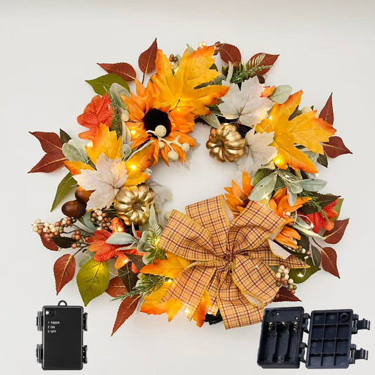 FGDECORJOIE Fall Door Wreath with Sunflowers with BO 35 Warm White Light, Gold Pumpkins, Autumn Leaves, Plaid Bow, 20 inches for Fall Christmas Festival