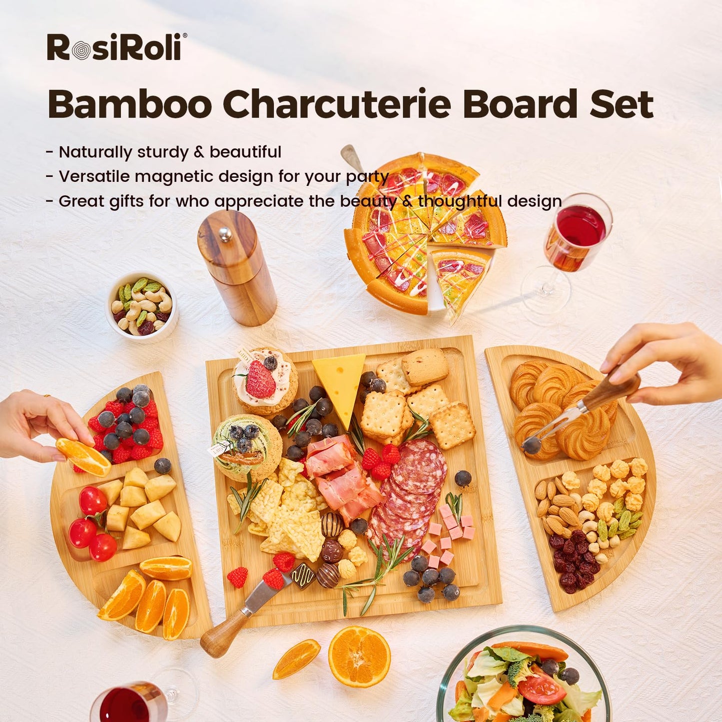 RosiRoli Charcuterie Board and Serving Set -Natural Bamboo Cheese Board Snack Tray Set with Magnetic - House Warming Gifts New Home, Wedding Gift for Couple, Bridal Shower Gift, Perfect for Party