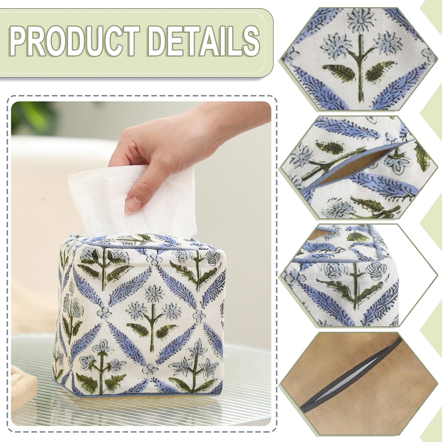Mimorou Blue Fabric Tissue Box Cover - Floral Print Tissue Box & Decorative Square Napkin Holder Handmade Cotton for Home Bedroom Vanity Countertop Night Stands Office