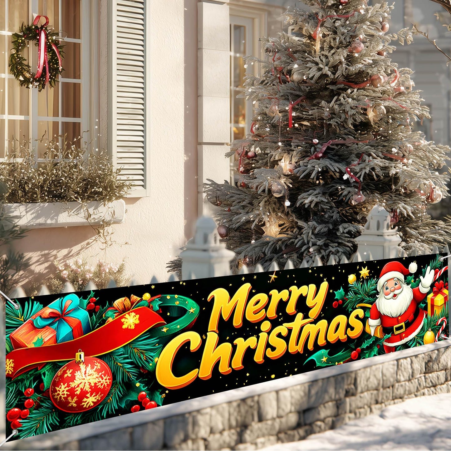 BlissYard Merry Christmas Banner Santa Gift Ribbon Decor Backdrop 78x17 Inches Festive Holiday Party Wall Decor Outdoor Indoor Welcome Banner Wall Hanging for Party Decoration Supplies