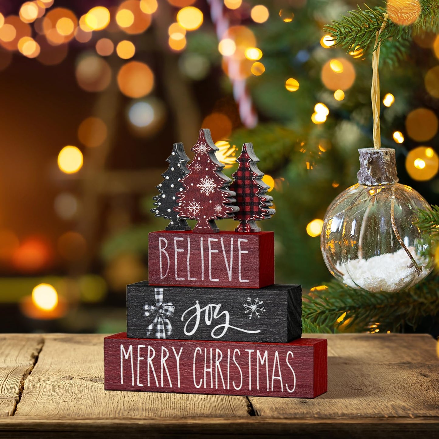 Smile 4 Pcs Merry Christmas Signs, Wooden Tabletop Decor, Believe Joy Xmas Trees, Ornaments for Home Shelf Mantel Fireplace.