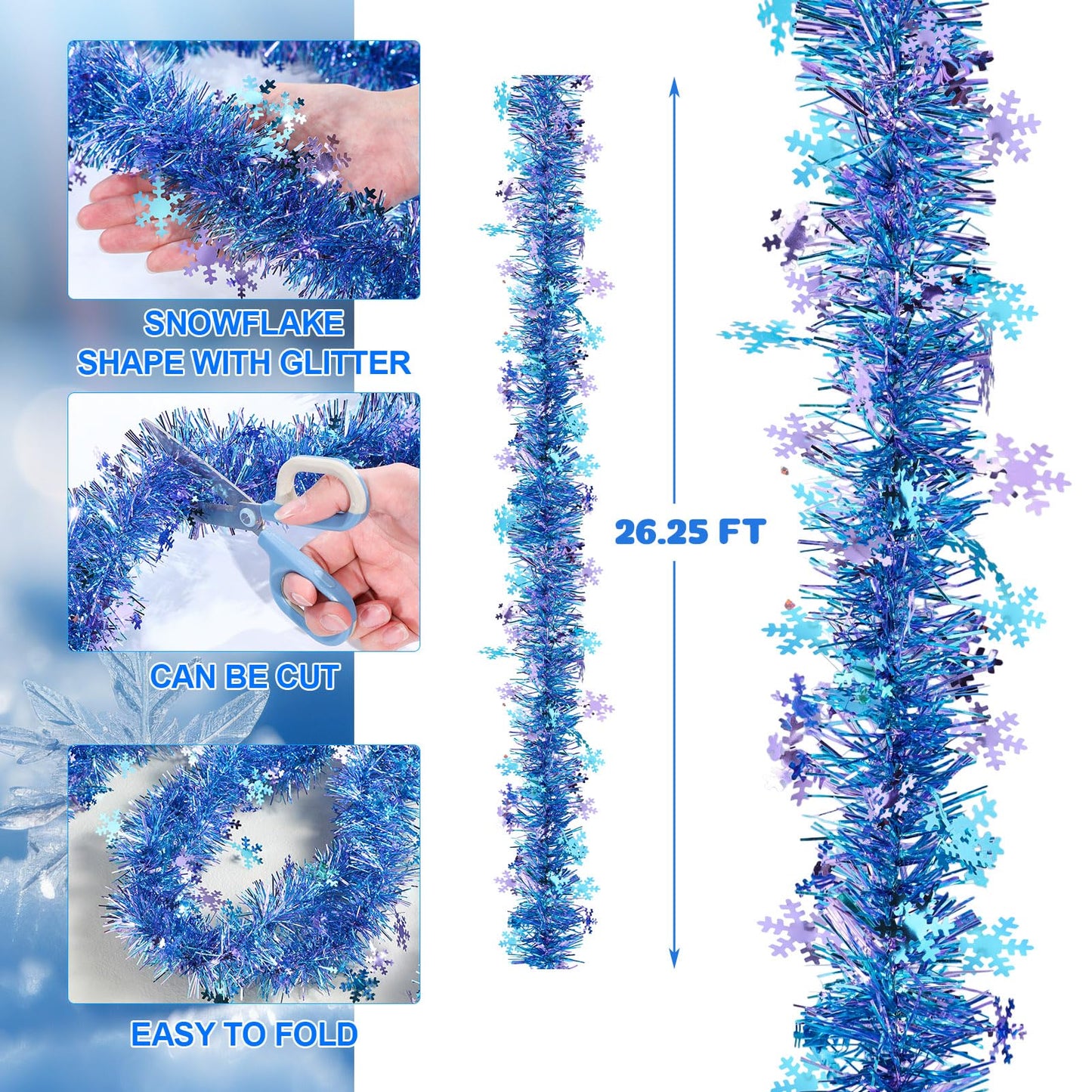 Blosssound 26 Feet Blue Purple Snowflakes Tinsel Garland Glitter Metallic Tinsel Twist Banner Shiny Iridescent Garland for Indoor Outdoor Ceiling Wall Christmas Tree Birthday Party Decorations
