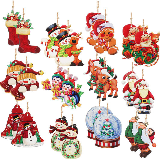 Marsui 24 Pcs Christmas Wooden Ornaments Christmas Wood Decorations Farmhouse Style Hanging Ornaments for Tree Vintage Santa Snowman Xmas Hanging Crafts Pendants for Home Party