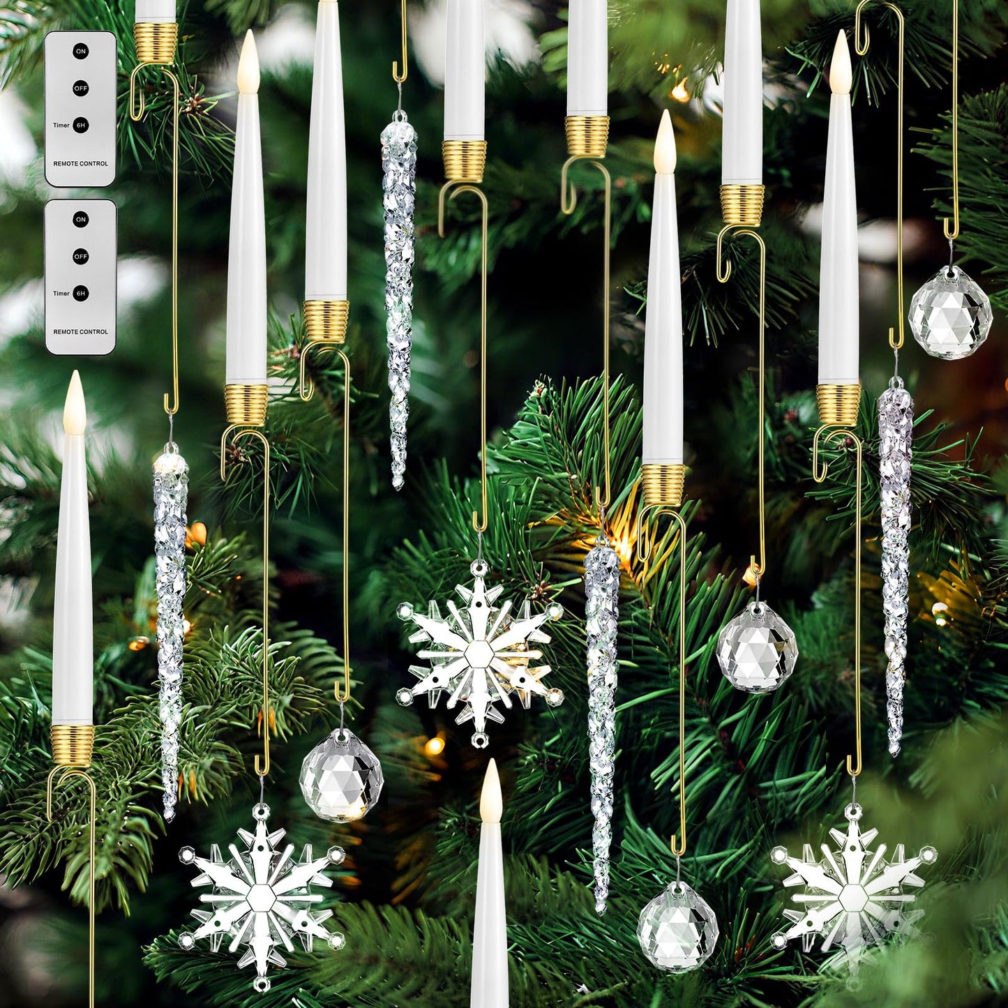 Baquler 12 Pcs Christmas Tree Candles with Remote, Flameless LED Taper Candles Battery Operated Lights with Ball Icicles Snowflake Hooks Xmas Hanging Decor for Winter New Year Party