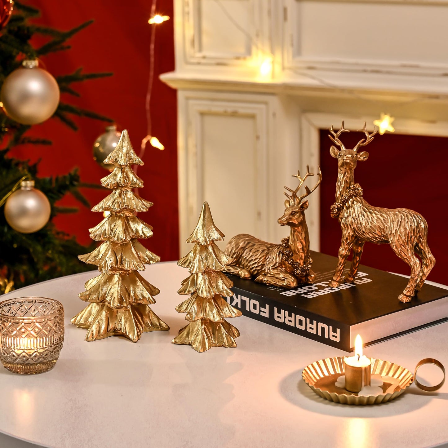 FESTGLOX Gold Christmas Tree Figurines, Small Resin Christmas Trees Home Decor, Tabletop Tree Set of 2, Decorative Xmas Trees for Christmas Decorations Indoor Mantle Centerpieces