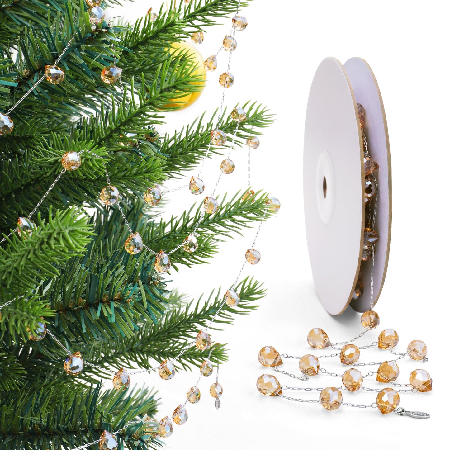 Lumiti Christmas Garland, 9.8Ft Crystal Glass Beads Strands, 100pcs 10mm Faceted Waterdrop Glass Beads Hanging Ornament for Christmas Tree Centerpieces Wedding Party Decorations (Gold)