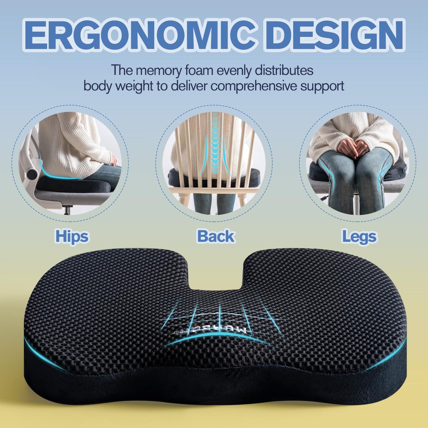 Mureon Seat Cushion for Office Chairs, Large Memory Foam Cushion for Car, Pressure Relief Ergonomic Chair Cushion with Non-Slip Cover for Soft Support for Hip All Day Comfort - Black