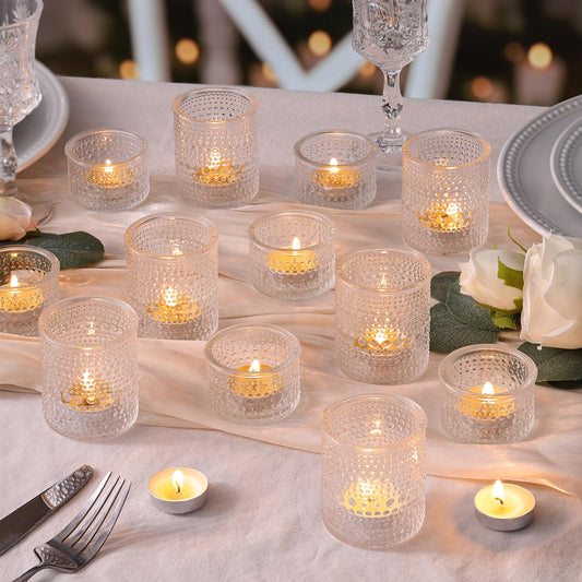 NITIME Glass Votive Candle Holders Set of 24, Assorted Heights Polka Dot Tea Light Holders for Wedding Centerpieces, Table Decor, Party & Home Decoration, Fits Standard Votives & Tea Lights