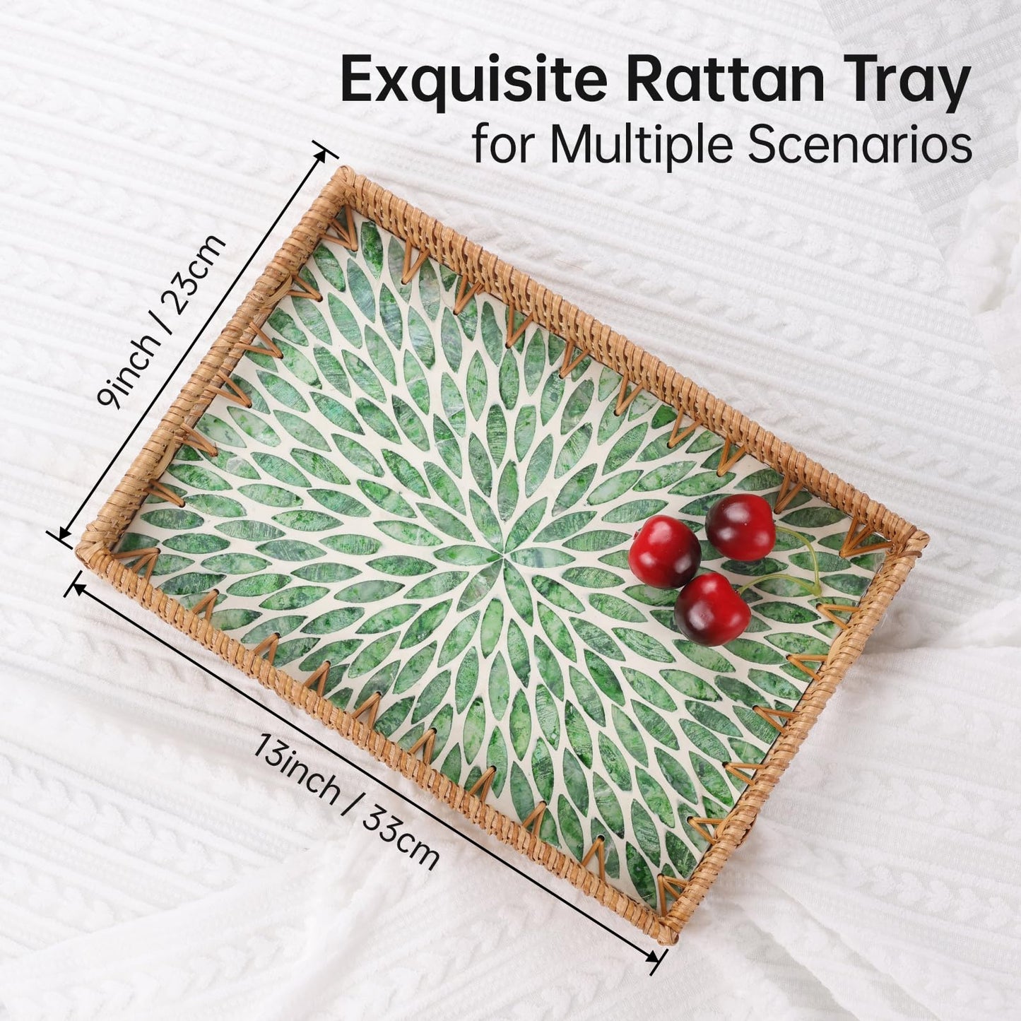 Tynulox Rectangle Rattan Tray with Mother of Pearl Inlay, Rattan Serving Tray with Handle for Coffee, Bread, Fruits, Snacks, Decorative Wicker Tray for Table Decor (Rectangle Green Leaf, 13"×9")