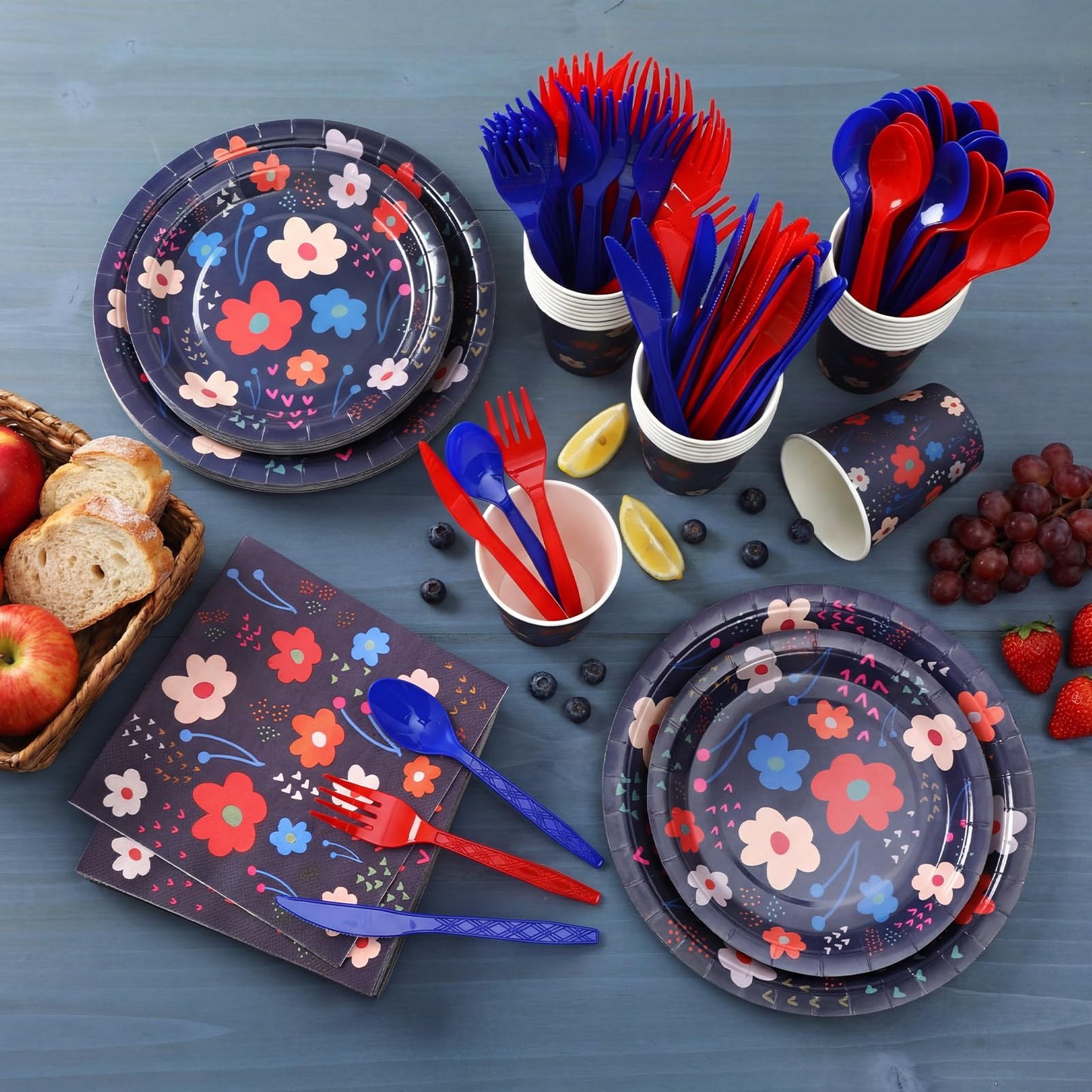 Blushtier 192 Pcs Flowers Paper Plates and Napkins Tableware Set Serves 24 Guests, Black Floral Birthday Party Supplies Disposable Plates Napkins Cups Plastic Knives Fork Spoons Party Decorations