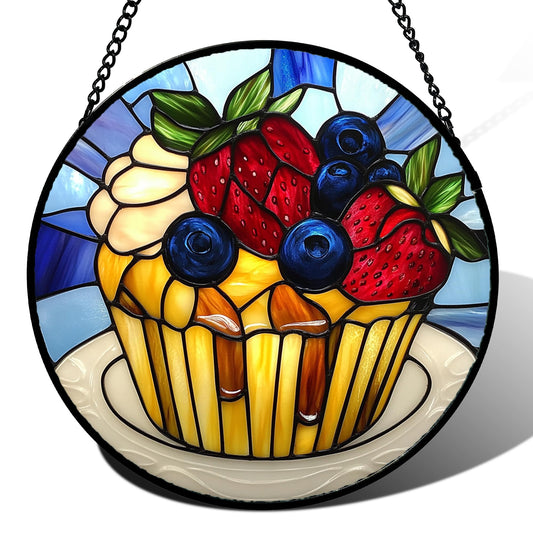 QZQCBLC Stained Glass Window Hanging Retro Blue Fruitcake 6.3" - Red Yellow Suncatcher Door Garden Sun Catcher Home Decor Birthday Christmas for Mom Woman Nana Friend Girl