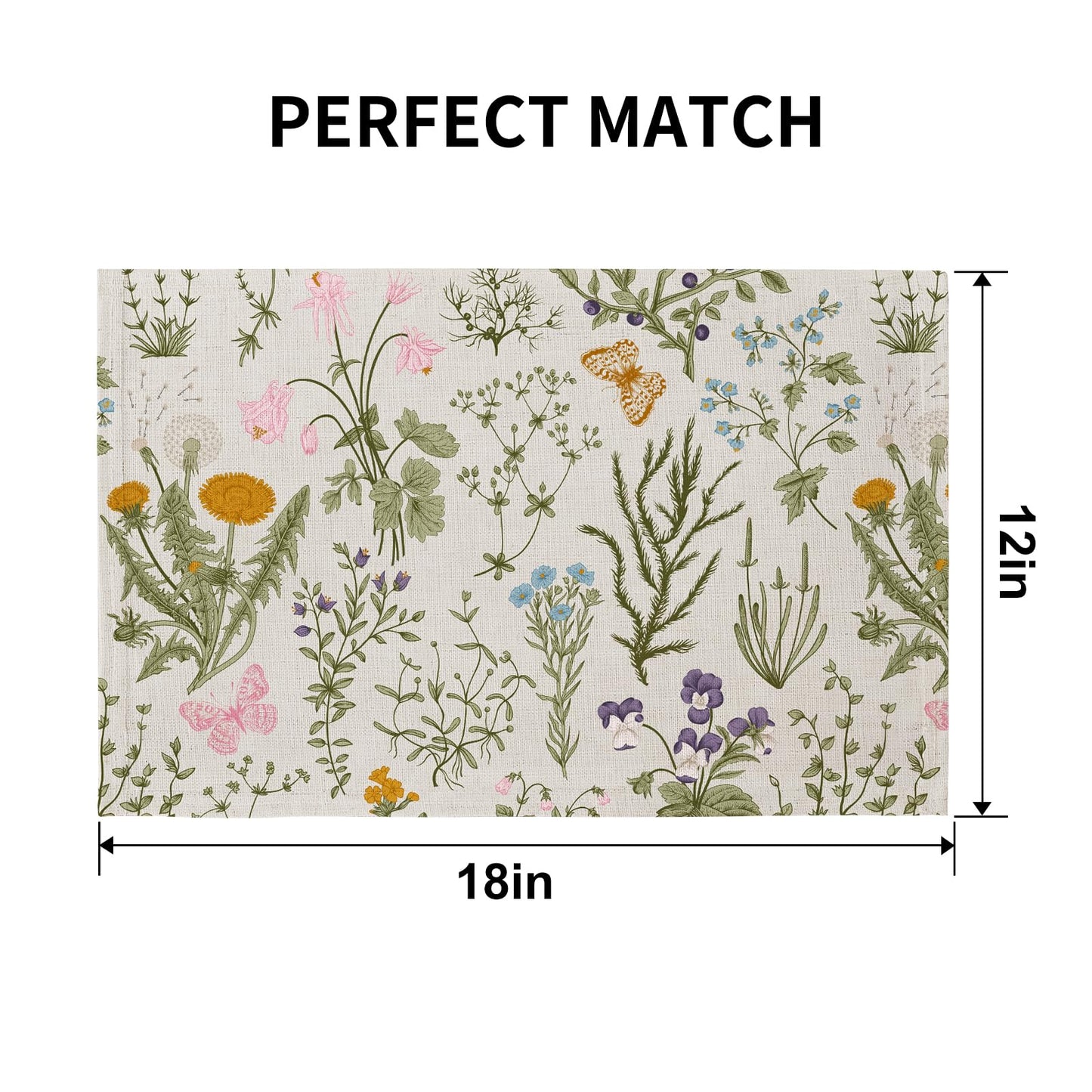 QiyI Boho Placemats Set of 4, 12x18 Inch Linen Fabric Floral Place Mats for Kitchen Dinning, Farmhouse Rustic Cloth Table Mats, Washable Placemat Botanical Party Table Décor, Wildflowers Herbs