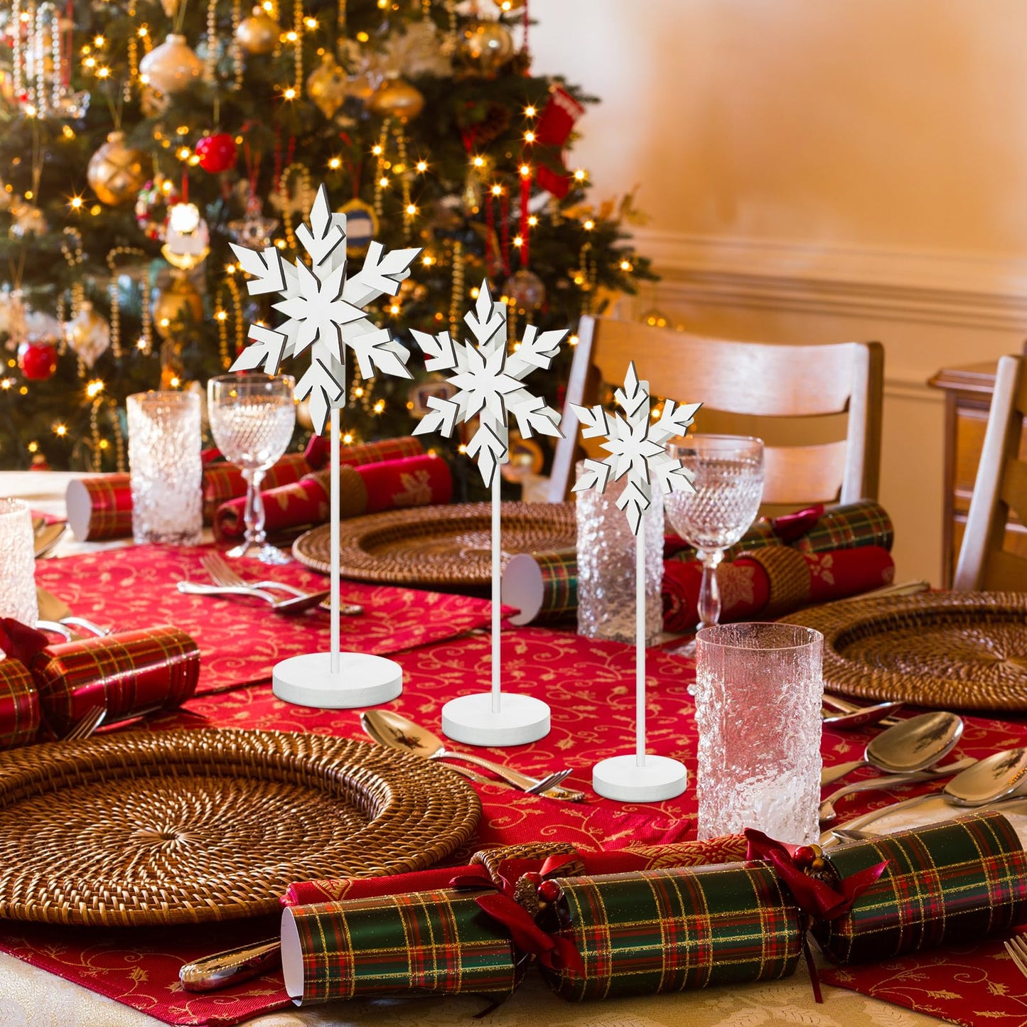 Soaoo 3 Pcs Winter Snowflake Decorations Wooden Snowflakes Table Centerpieces Tall Standing White Winter Snow Wonderland Wood Block Sign for Tabletop Shelf Mantel Home Tiered Tray Decor(Fresh)