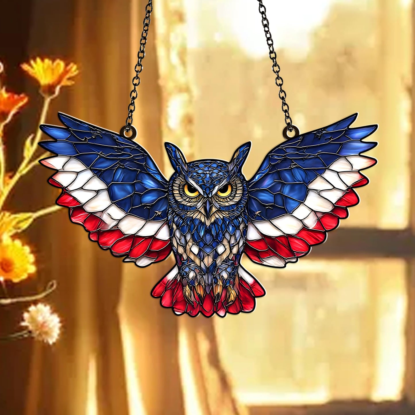 American Flag Owl Suncatcher Acrylic Suncatcher Window Hanging Ornament Patriotic Owl Decor for Home, Garden, Office 4th of July Gifts Bird Ornament for USA Lovers, Veterans, Nature Fans