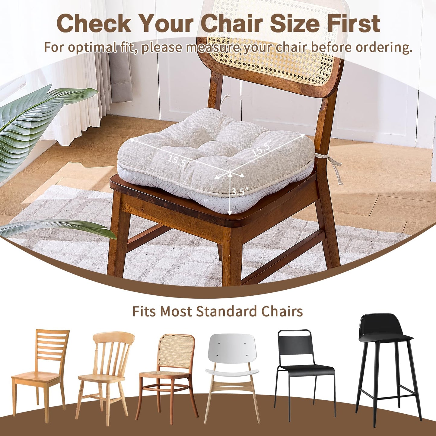 BETU Chair Cushions for Dining Chairs Set of 4,3.5" Thick Kitchen Table Chair Pads with Ties,Non Slip Backing and Covers, Seat Cushion for Dining Room,Bar,Patio Chairs,15.5"X15.5"X3.5",Beige