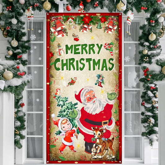 ssailue decor Vintage Merry Christmas Door Cover Backdrop with Santa Claus Elk Christmas Tree Hanging Banner for New Year Indoor/Outdoor Front Door Party Supplies