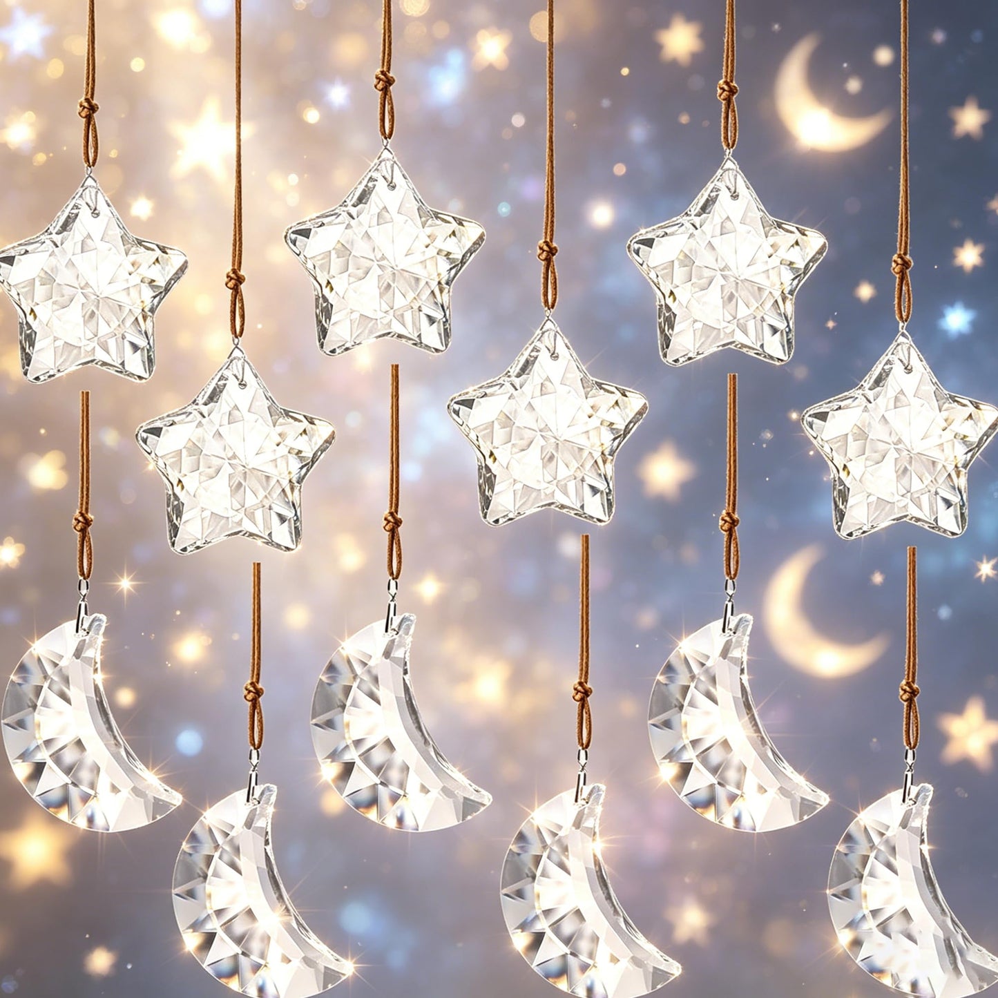 LOULIQIGIFT 12pcs Glass Star and Moon Ornaments Clear Hanging Crystal Prisms Ornaments for Chandelier Parts Home Office Window Decor for Mother's Day Birthday Party