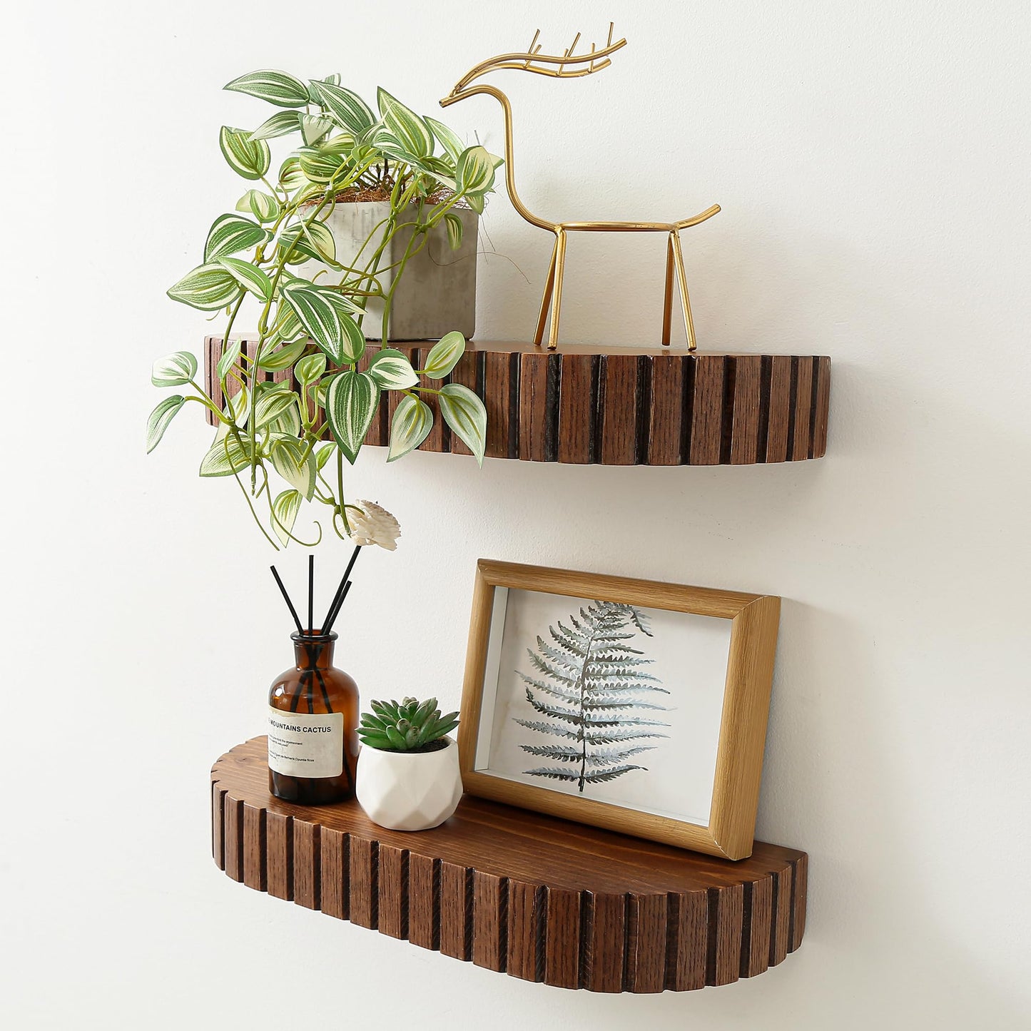 GRID FORTE Wood Rounded Fluted Floating Shelf Set of 2, 16Wx5.5D Inch– Modern Display Shelf with Decorative Edge, Rustic Hanging Storage for Plants, Books, Photos & Home Décor