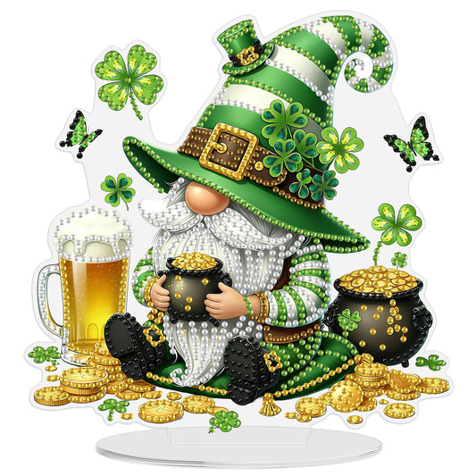 MEIYUDA St. Patrick's Day Diamond Art Tabletop Kits, Beer Gnome Diamond Art Painting Desktop Ornaments for Adult, DIY Special Shaped Crystal Desk Placement Ornament for Home Decor