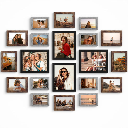 Vittanly 20 Pack Picture Frames Collage Wall Decor, Multi Sizes Including 4pcs 8x10, 8pcs 5x7 and 8pcs 4x6 Photo Frames, Gallery Frame Set for Wall or Tabletop Display, Black, Brown and Grey