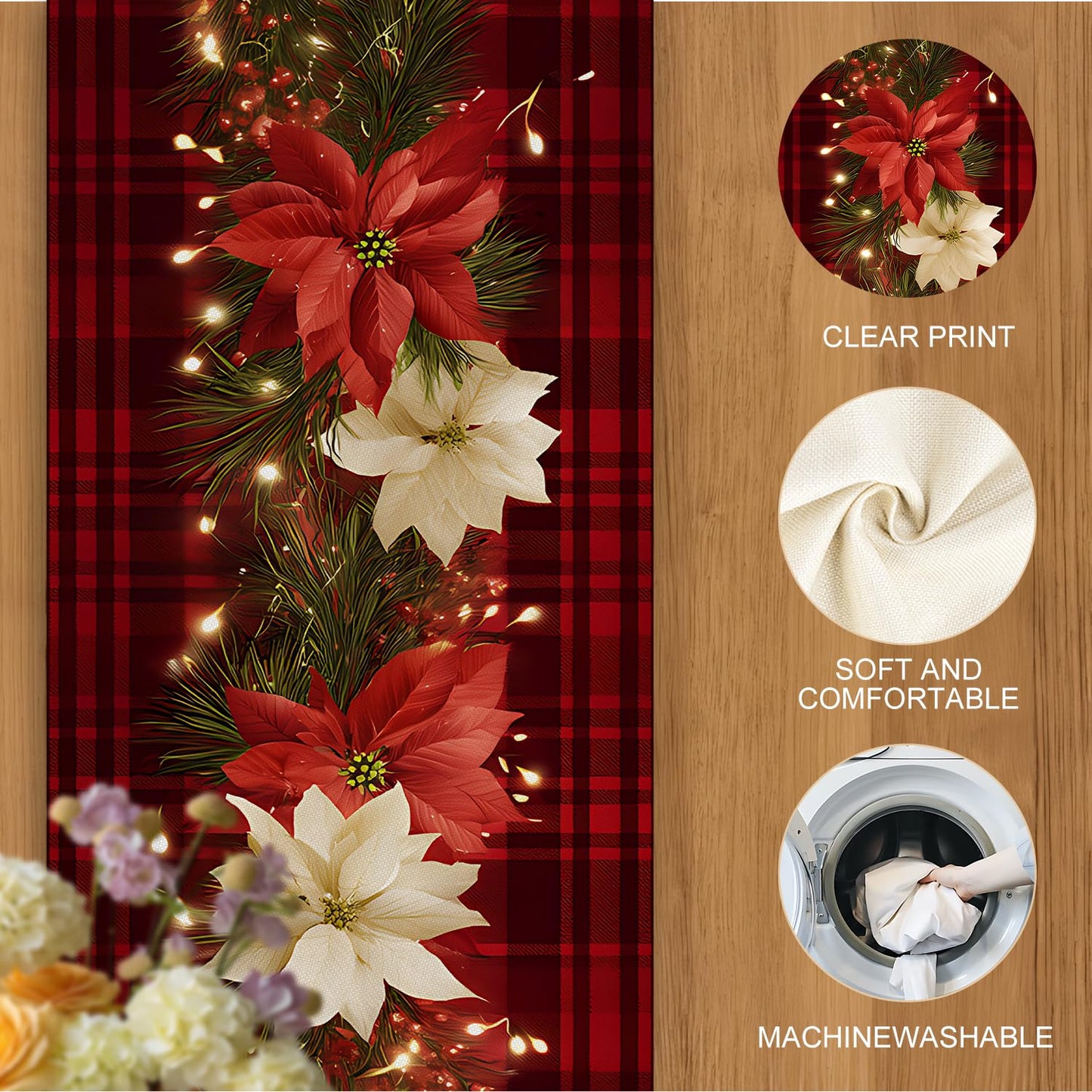 Christmas Table Runners and Placemats Set of 6, Red Plaid with Poinsettia & Floral Design, Perfect for Holiday Dining, 7-Piece Christmas Table Decoration