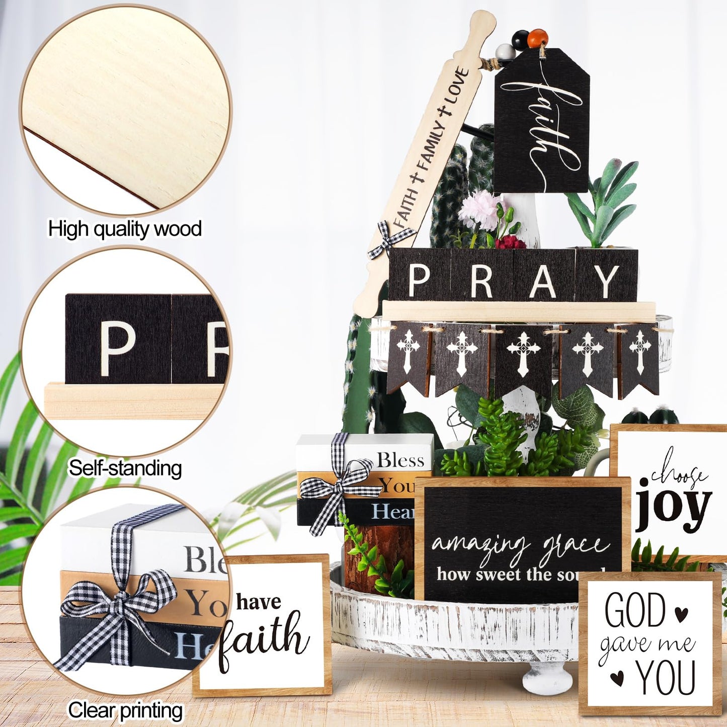 Tatuo 13 Pcs Easter Tiered Tray Decor Set Religious Wooden Table Decor Faith Christian Easter Centerpieces Decorations Rustic Farmhouse Pray Cross Wood Block Signs for Home Church Tabletop