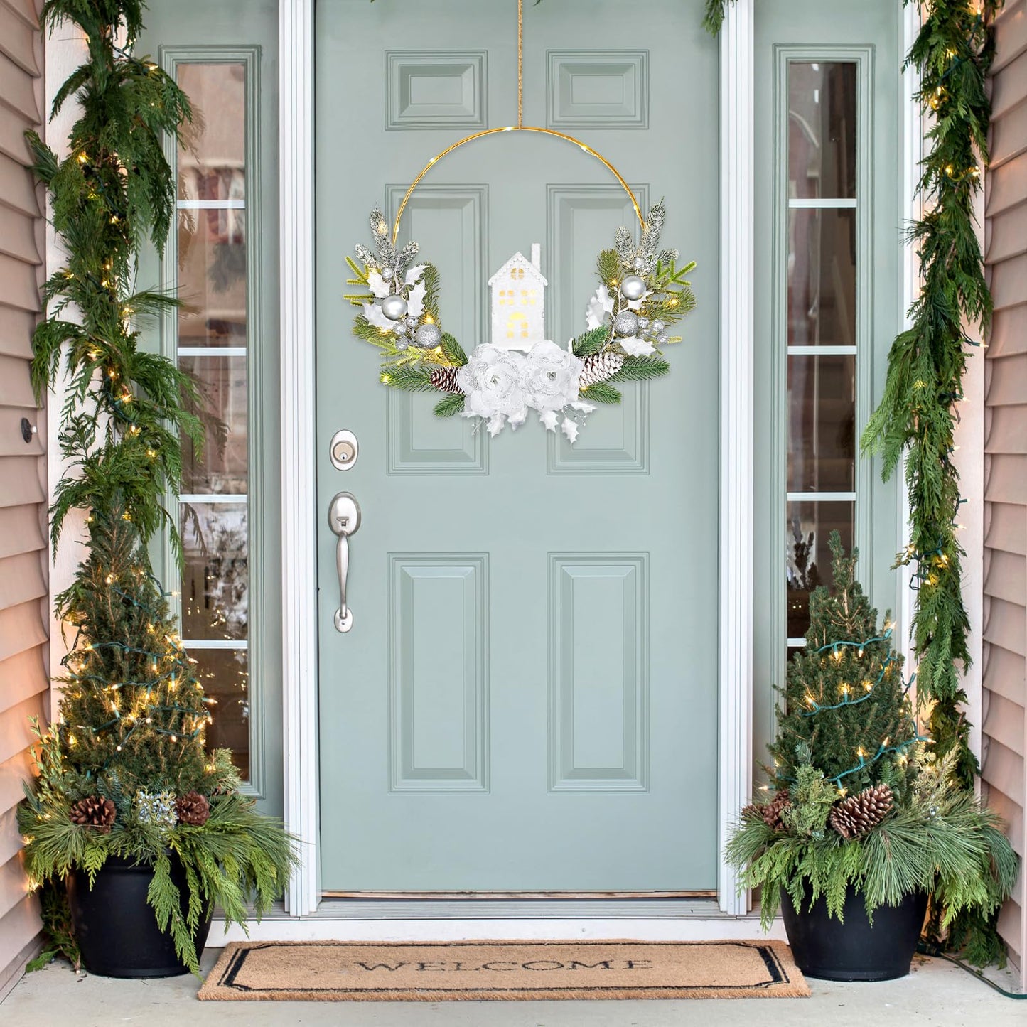 MEIVINES Prelit Christmas Wreath for Front Door 16Inch Artificial Christmas Door Wreath with Lights Silver Rose Farmhouse Xmas Winter Wreath for Christmas Decoration Wall Fireplace Mantle(Silver)