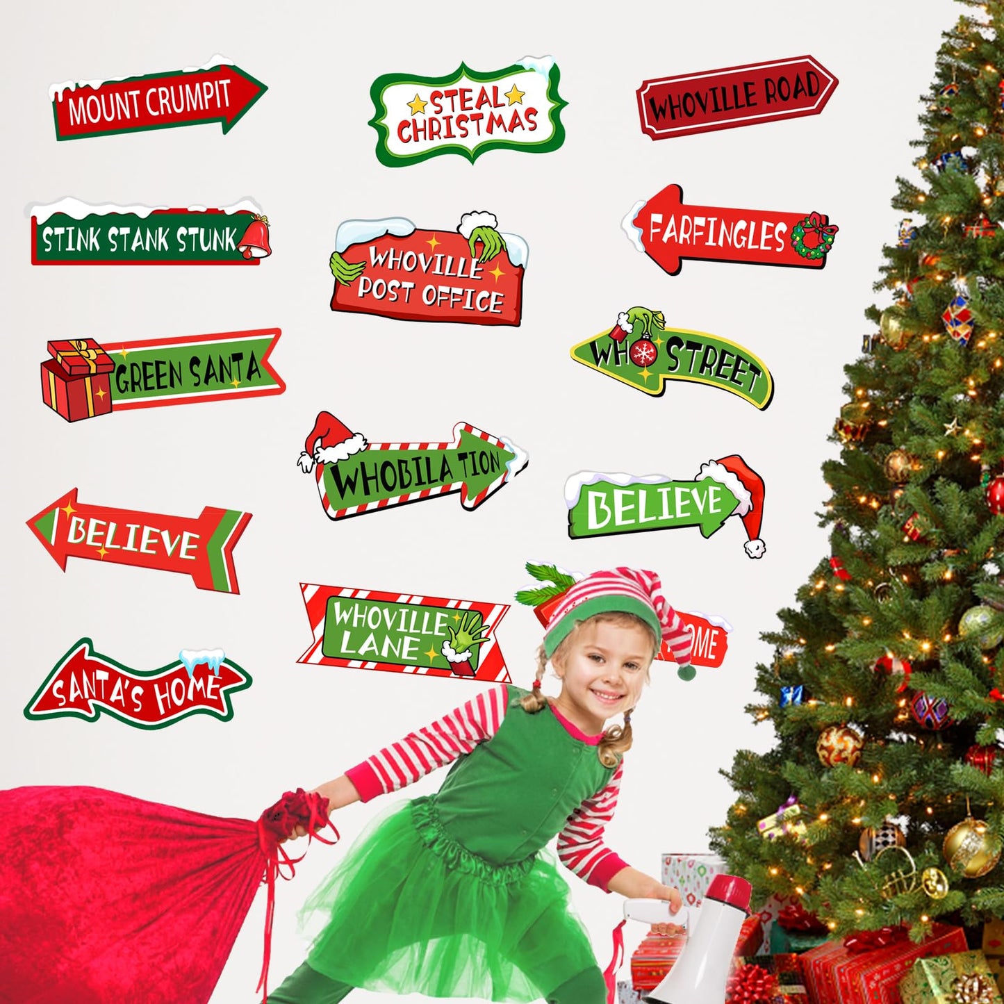 Mfault Christmas Whoville Wall Decals Stickers, Funny Xmas Red Green Road Signs Decorations Bedroom Art, Winter Holiday Gifts Home Kitchen Living Room Decor