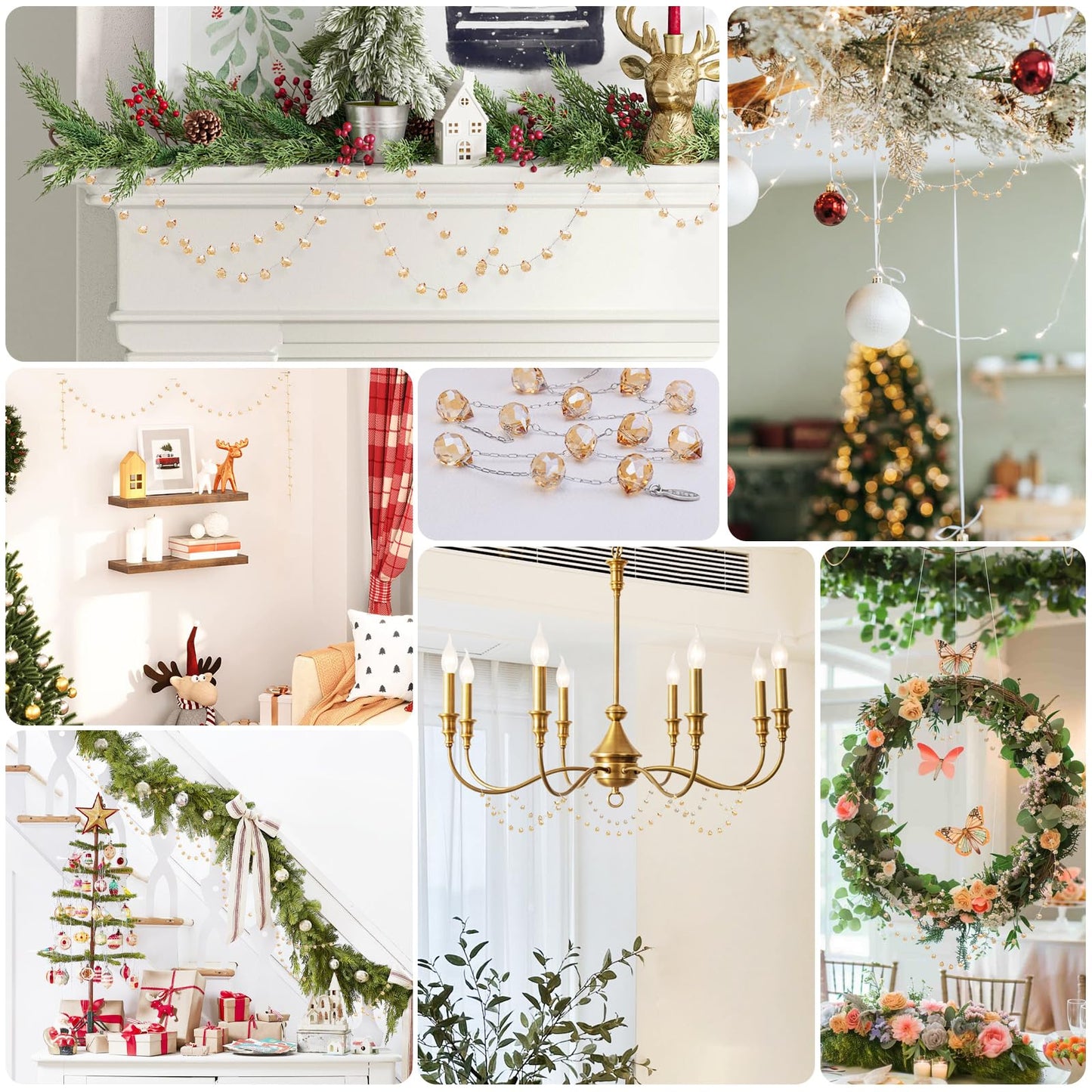 Lumiti Christmas Garland, 9.8Ft Crystal Glass Beads Strands, 100pcs 10mm Faceted Waterdrop Glass Beads Hanging Ornament for Christmas Tree Centerpieces Wedding Party Decorations (Gold)