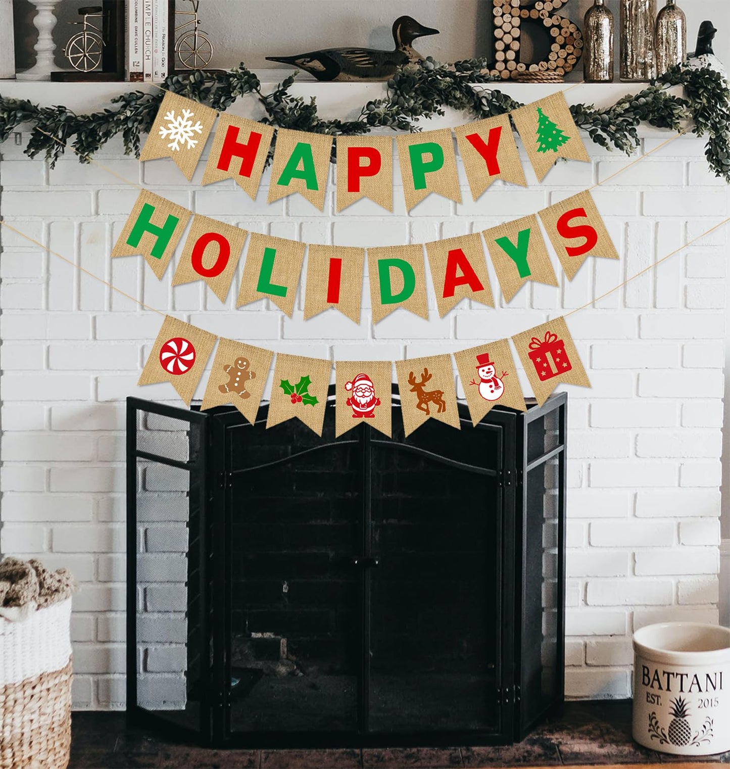 JKQ Happy Holidays Burlap Banner Jute Merry Christmas Bunting Banner with Snowflake Xmas Tree Santa Gingerbread Man Signs Winter Christmas Holiday Party Decorations for Mantle Fireplace Party Supplies