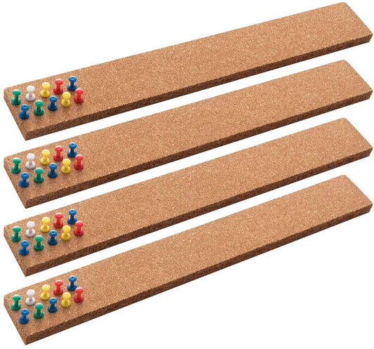 HBlife Cork Board Bulletin Board Bar Strip 15x2 Inch - 1/2 Inch Thick, Frameless Cork Board Strips with 50 Multi-Color Push Pins, Strong Self Adhesive Backing - 4 Pack