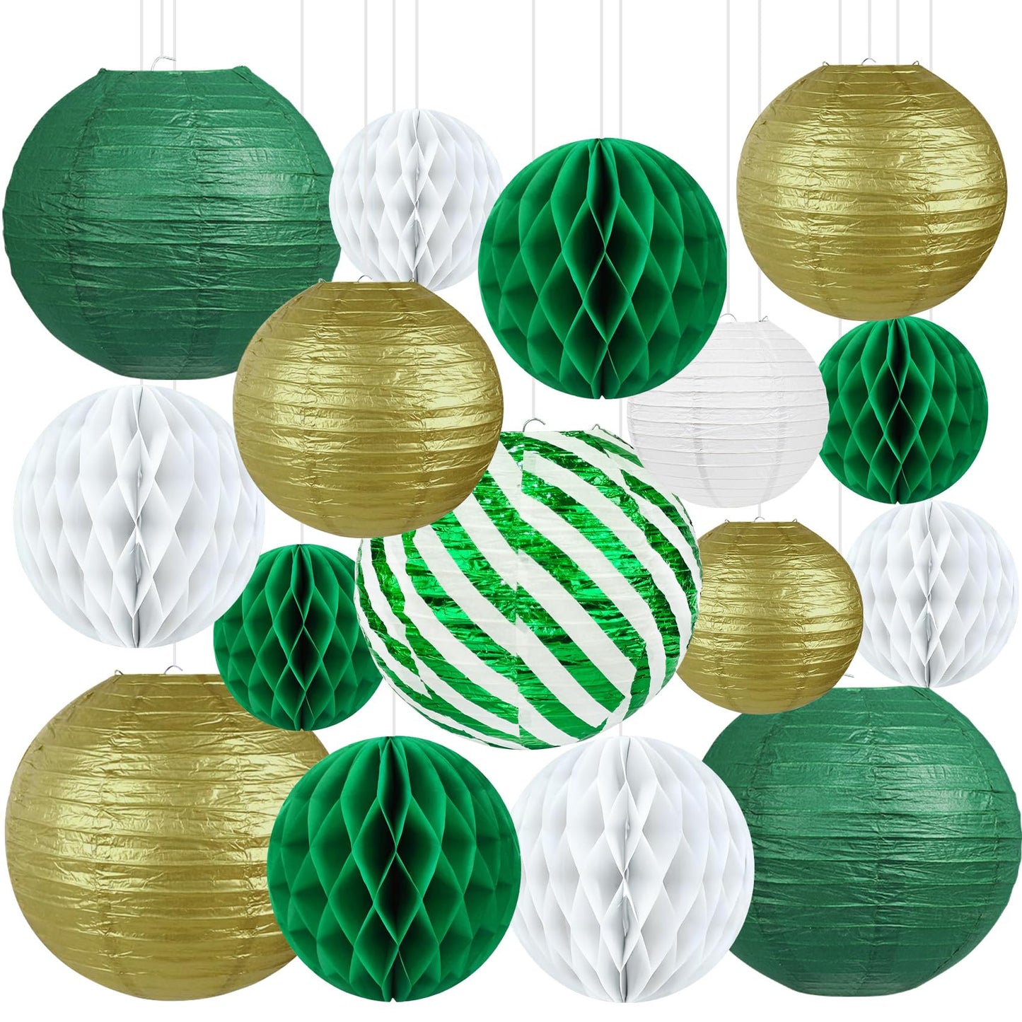 Green and Gold Party Decorations - 16Pcs Hanging Green White and Gold Paper Lanterns & Honeycomb Balls for Graduation Decorations 2026, Birthday, Baby Shower & Wedding Party Supplies