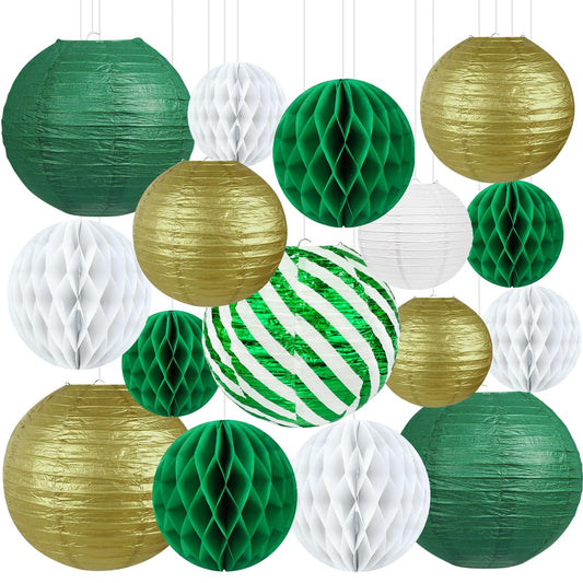 Green and Gold Party Decorations - 16Pcs Hanging Green White and Gold Paper Lanterns & Honeycomb Balls for Graduation Decorations 2026, Birthday, Baby Shower & Wedding Party Supplies