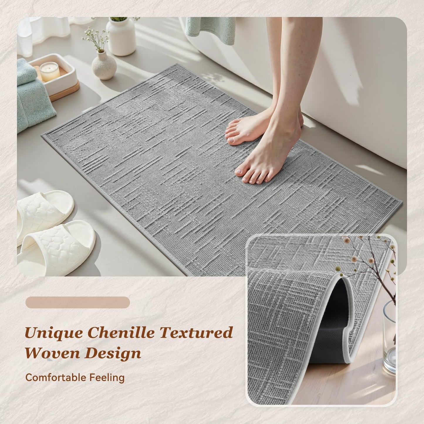 AMOAMI Bath Mat Non Slip Super Absorbent Quick Dry Bath Mats for Bathroom Floor Rubber Backing Washable Bathroom Rugs Modern Woven Jacquard Mat, Beside Tub Bath Rugs, 17" x 24", LightGrey