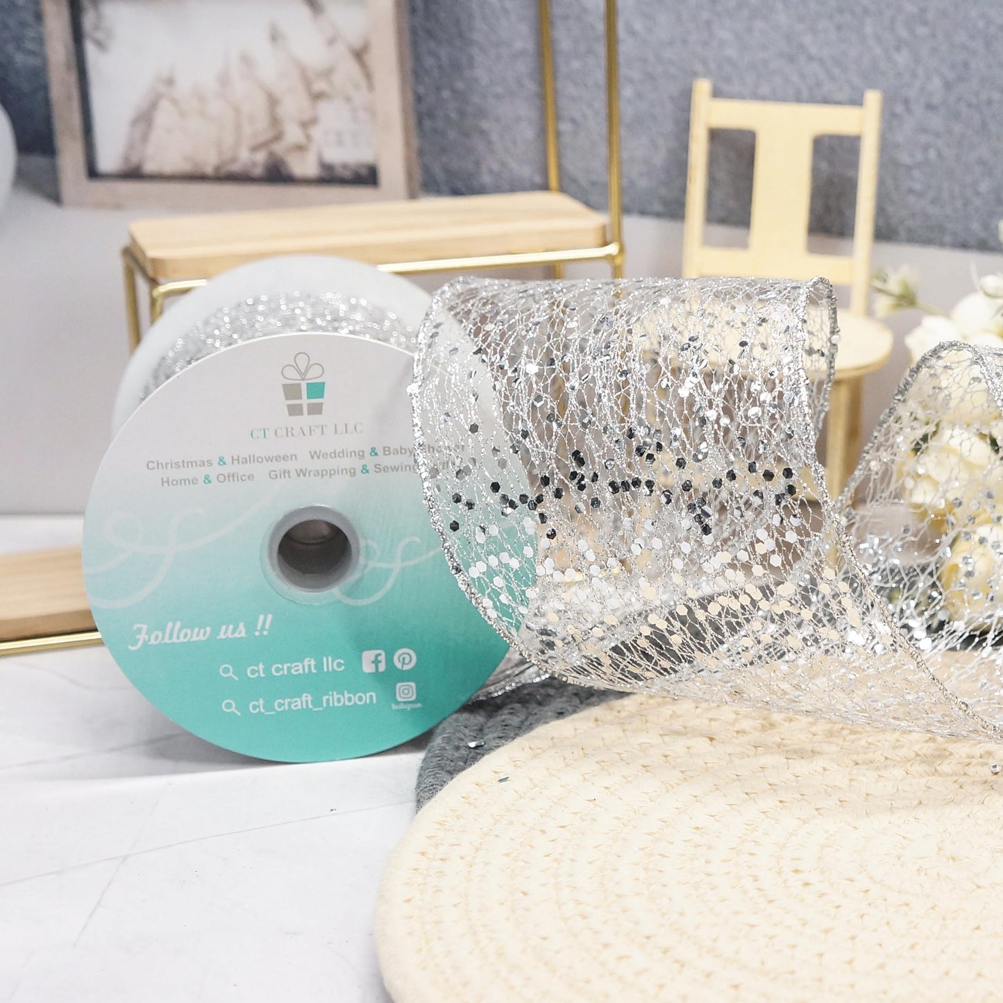 CT CRAFT LLC Sparkling Glitter Mesh Wired Ribbon 4" x 10 Yards Silver for Christmas Home Decor Bow Gift Wrapping DIY Crafts Wreath