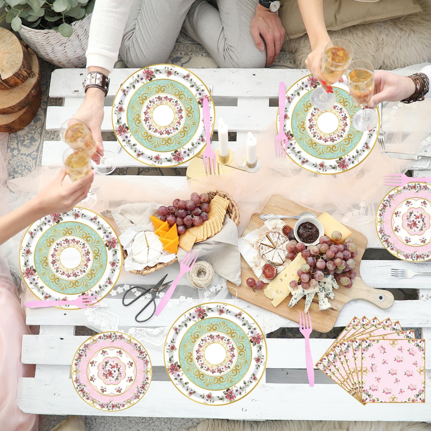Fyeoxle 96pcs Floral Party Supplies Flower Paper Plates and Napkins Tableware Set for 24 Guest Floral Party Disposable Paper Dinner Plates Napkins Forks for Birthday Bridal Shower Tea Party Supplies