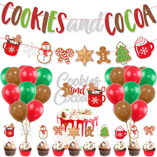 Cookies and Cocoa Party Decorations, Cookies and Cocoa Banner Snowflake Snowman Gingerbread Man Garland Cake Topper Balloons, Hot Cocoa Party Hot Chocolate Party Christmas Birthday Party Decorations