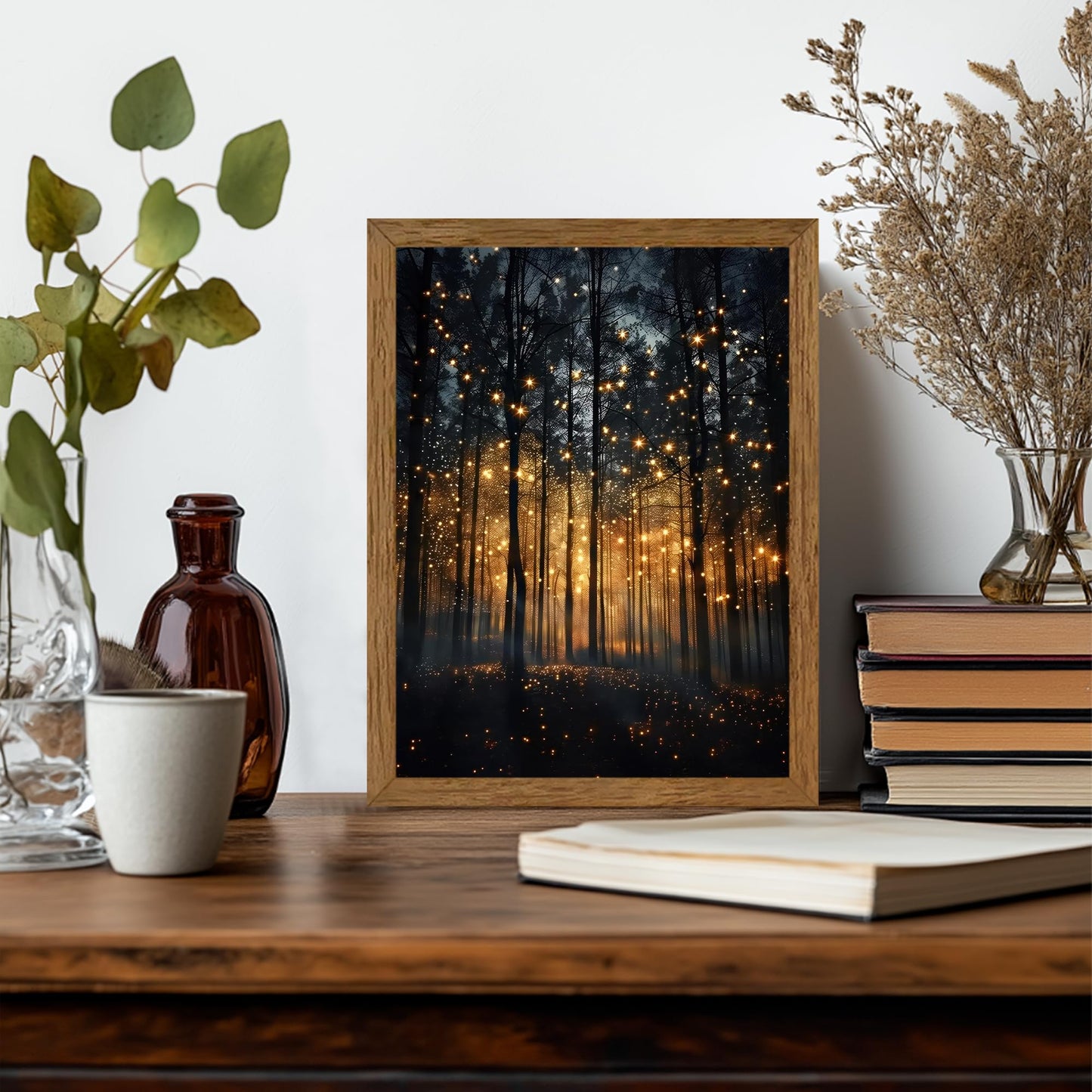 JLTULT Framed Enchanted Forest Firefly Canvas Wall Art, Dark Twilight Landscape Wall Decor, Rustic Botanical Nature Tree Art Prints for Bedroom Living Room Office Decoration 8x10 inch Easy to Hang