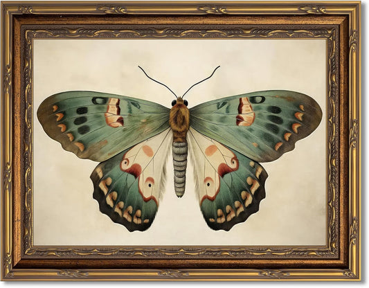 Myzoran Vintage Gold Framed Butterfly Canvas Wall Art,Retro Butterfly Illustration Room Decor,Dark Moody Insect Picture,Antique Moth Artwork for Cottagecore Living Room Bedroom Decoration 9x11 Inch