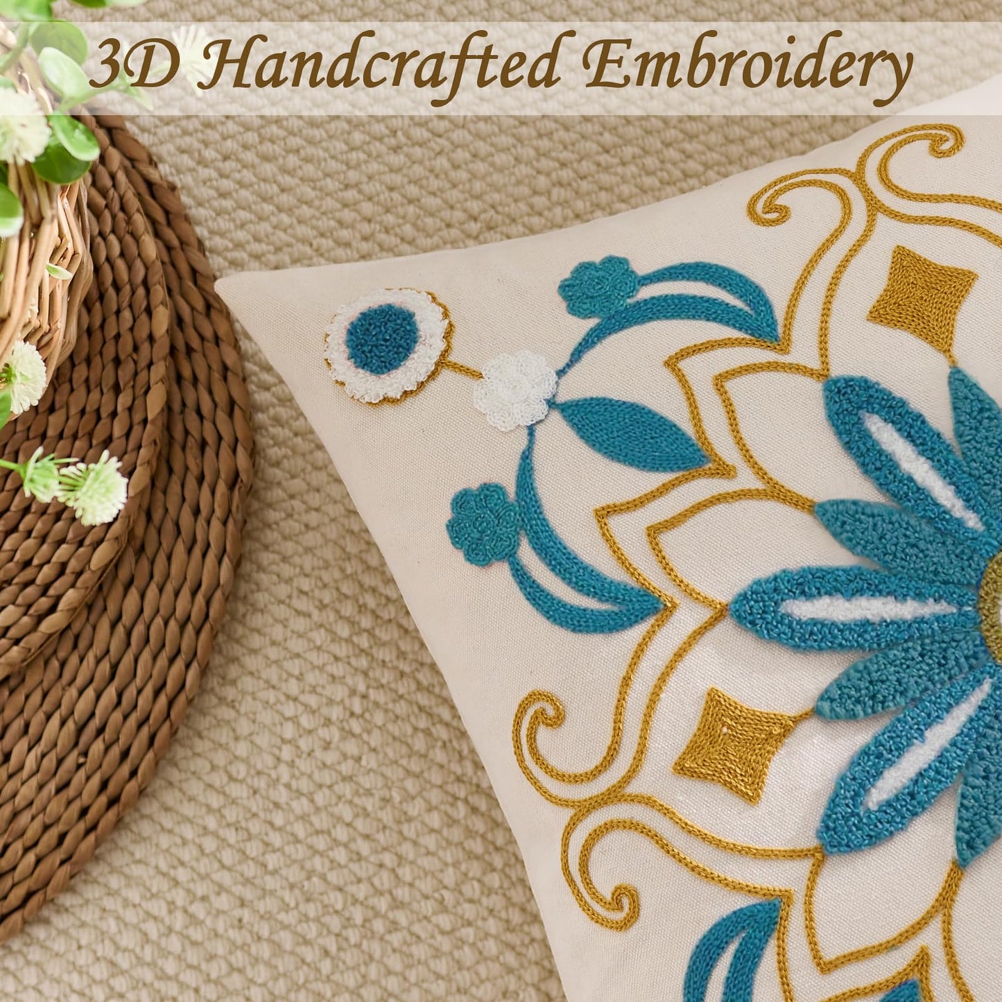 Kuderiy Embroidered Throw Pillow Cover 18x18 Classic Boho Floral Pattern Pillows Cover Outdoor Decorative Pillowcase,Durable Cozy Textured Cushion Case for Sofa Couch Bed Living Room,Teal