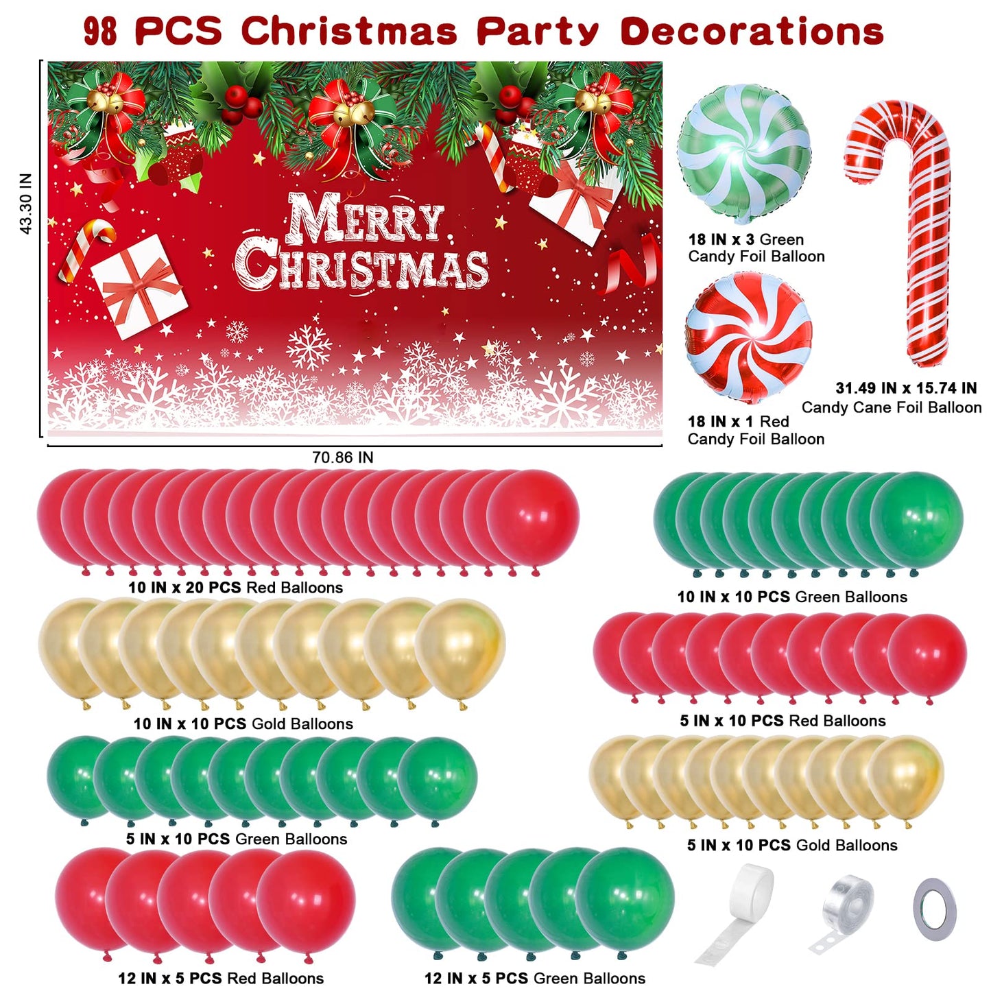Christmas Party Decorations Set, Balloon Arch Kit with 43x71 Inch Christmas Backdrop, 89 PCS Xmas Balloons for Indoor Outdoor Merry Christma Decor, Xmas Gift