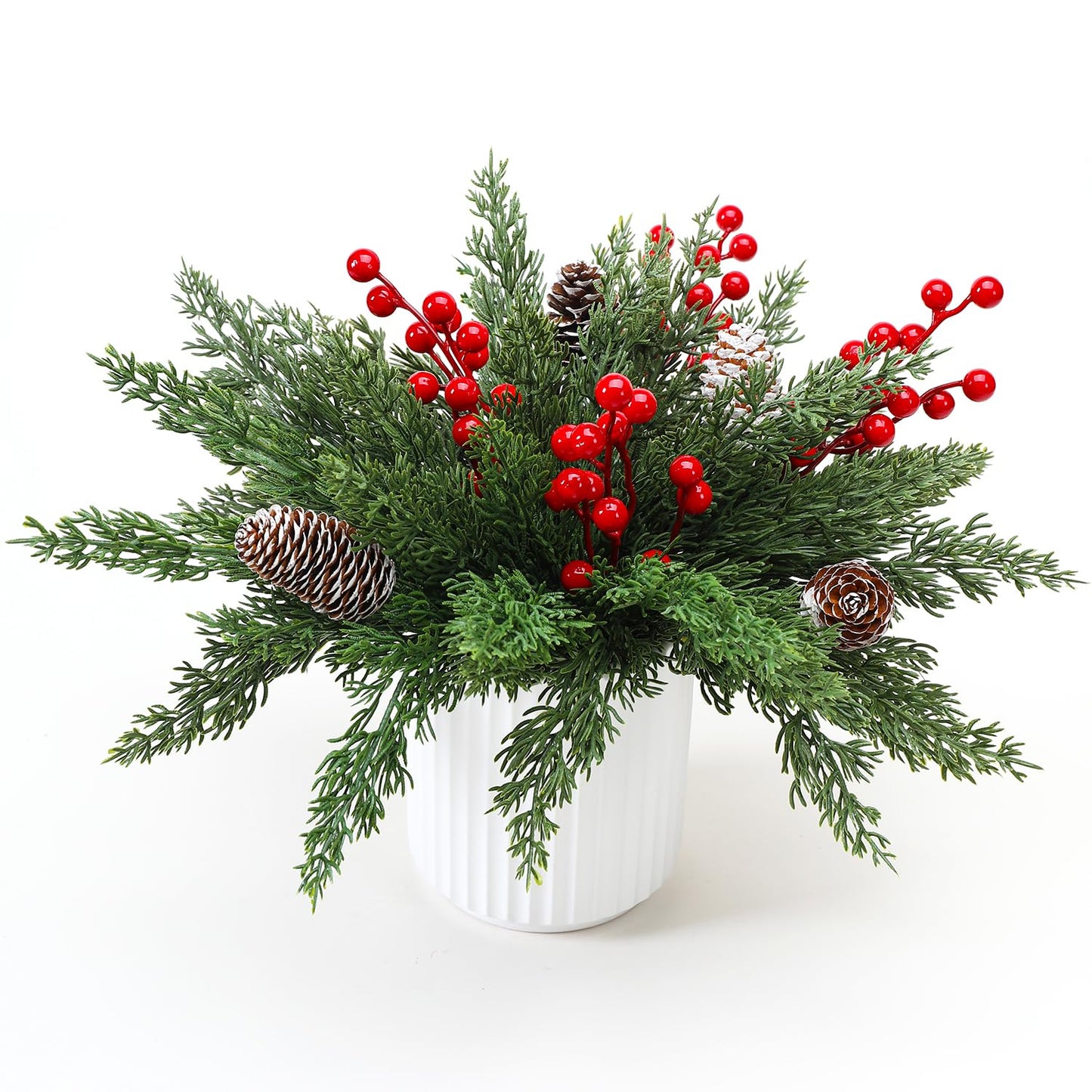 HOMCDALY Christmas Artificial Pine Branches with Red Berry and Pinecone for Tabletop Christmas Decorations, Fake Plants with Ceramic Pot, Small Chritstmas Tree for Home Décor, Christmas Decor Indoor