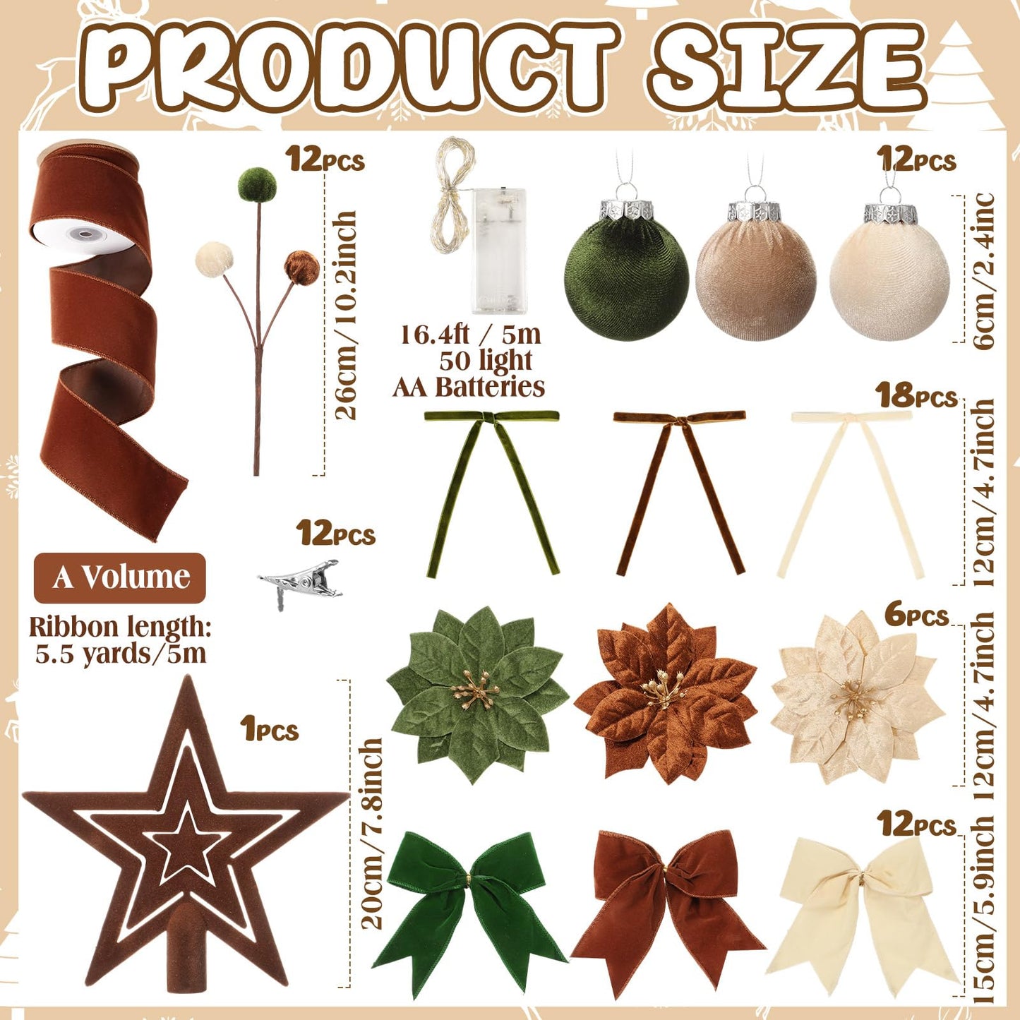 Hungdao 57 Pcs Christmas Velvet Ornament Kit 12 2.4" Velvet Balls 24 4.7" 5.9" Bow 6 4.7" Poinsettia 5.5 Yds Wide Ribbon Star Topper Lights 12 Picks for Xmas Tree Holiday Decor(Beige,Dark Green,Brown)