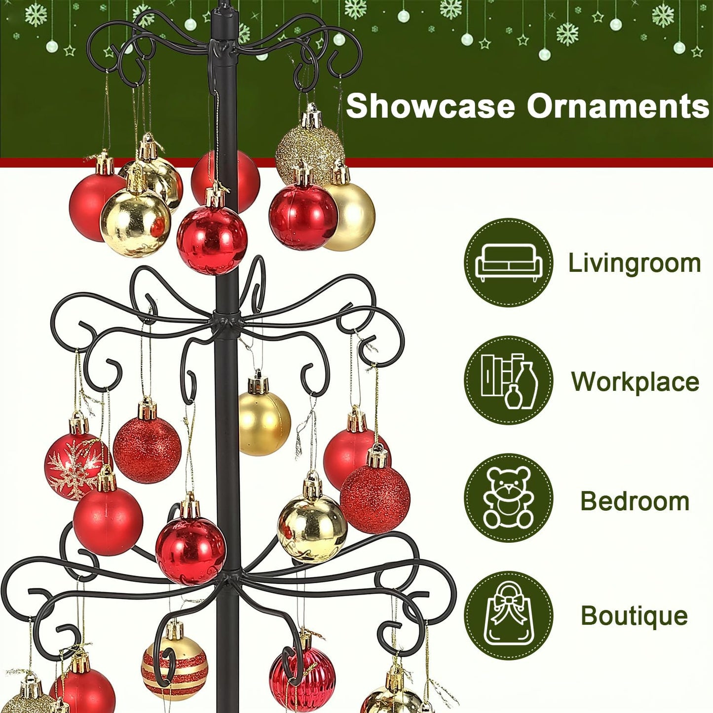 Ironlux Ornament Tree Display Stand, 30 Inch Tabletop Metal Ornament Display Tree , Black Ornaments Hanger Stand, 4 Tier Scroll Tree Rack for Easter Christmas Ornaments Displays