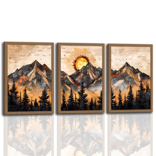 soonkiss Warm Tone Geometric Mountain Wall Art Set of 3, Abstract Sunset Forest Canvas Prints, Boho Nature Wall Decor for Living Room Bedroom Office 12x16 Inch