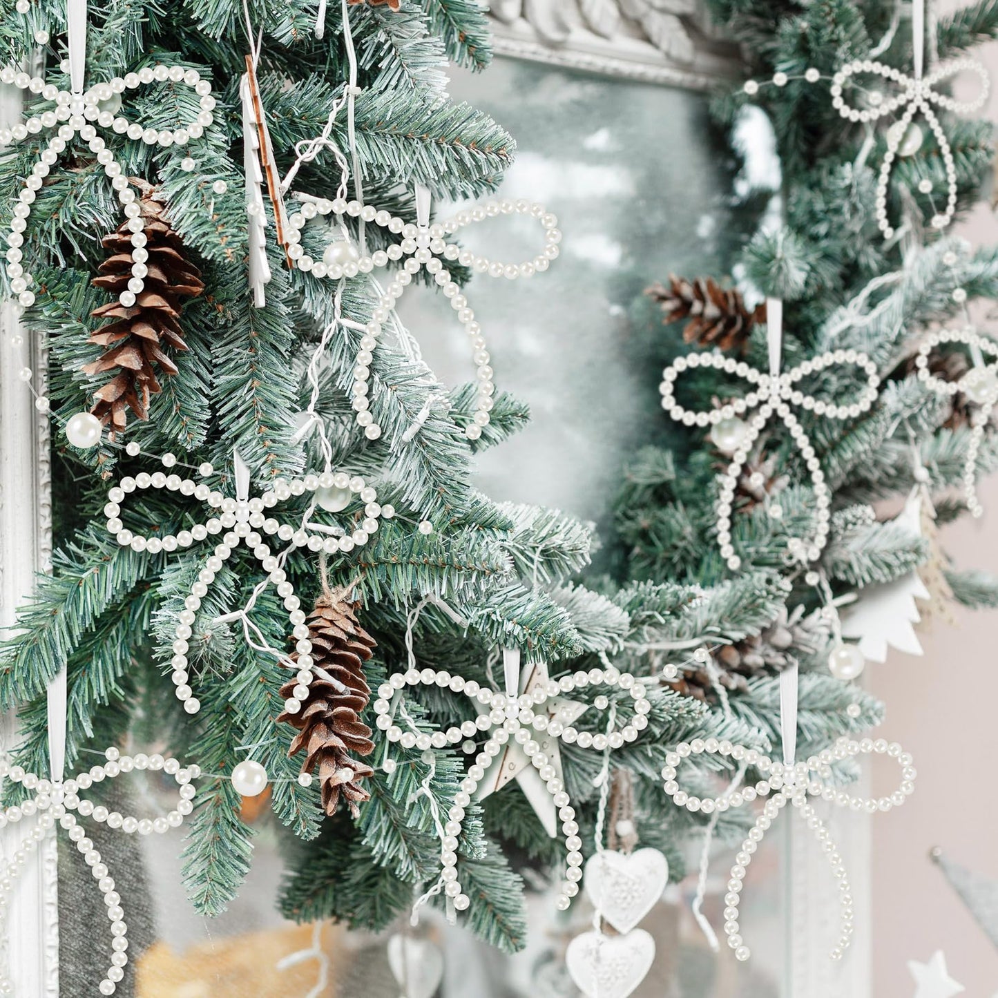 Chunful 37 Pcs Pearl Bow Christmas Tree Ornaments Pearl Bow Beads Garland Decorations for Xmas Cake Holiday Wedding Home Decor Crafts