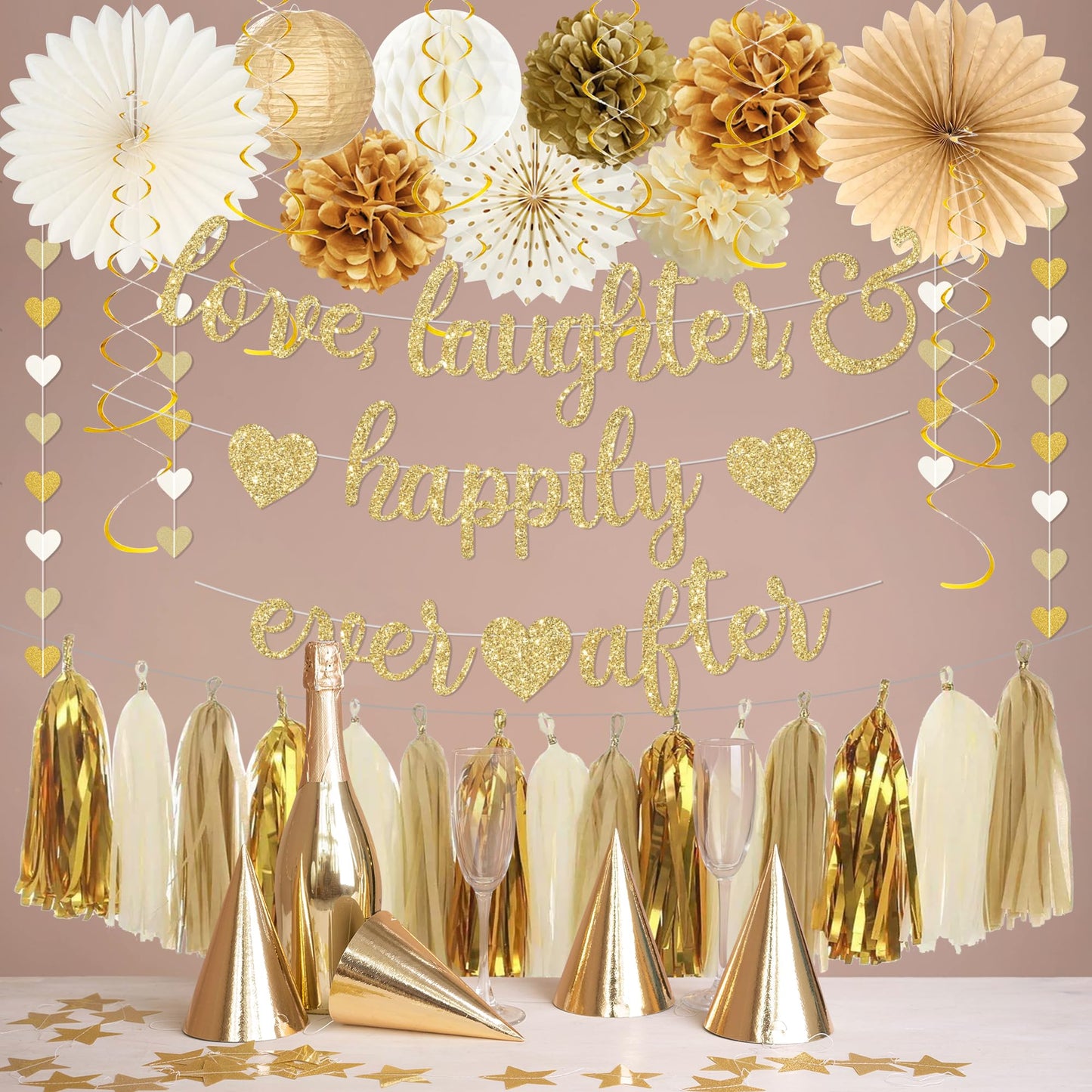 Roetyce Engagement Party Decorations, Gold Glitter Love Laughter & Happily Ever After Banner for Bridal Shower, Wedding Bachelorette Party Backdrop, Almost Married/Just Engaged Photo Background Decor