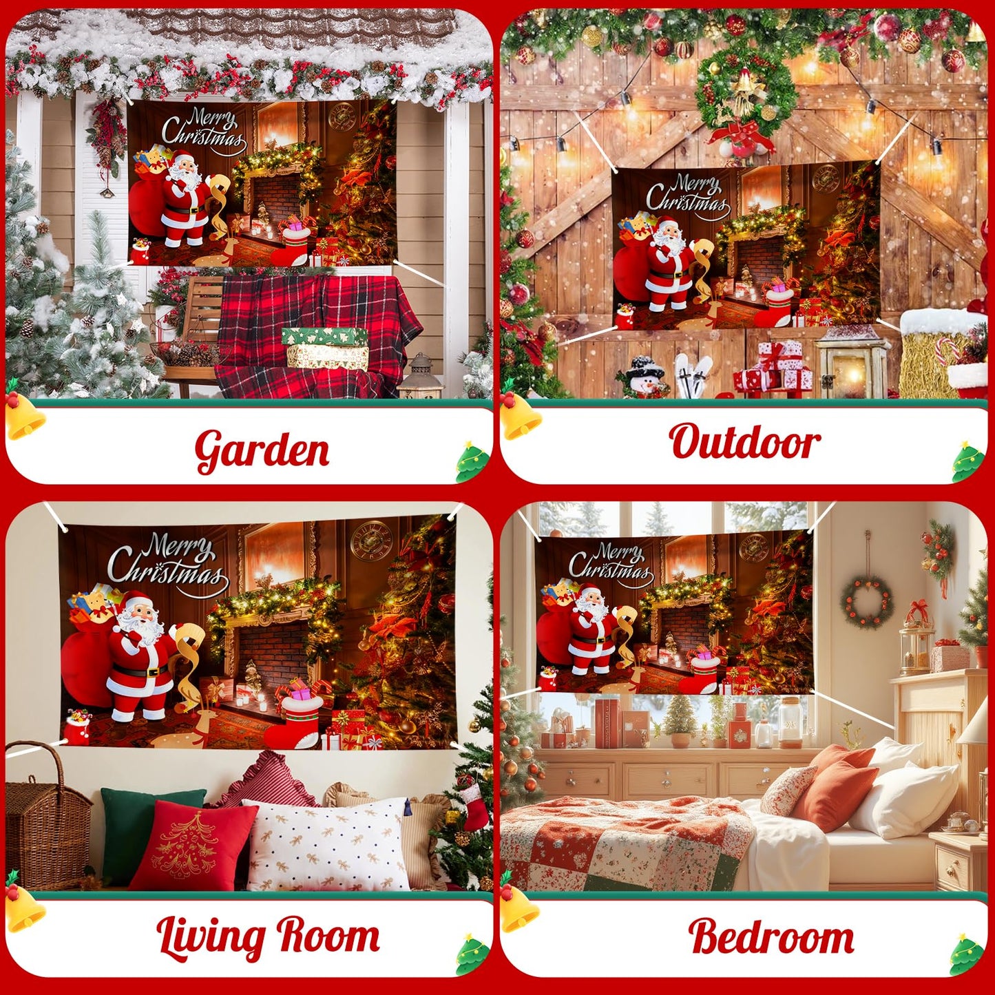Hianjoo Merry Christmas Wall Banner Decorations 71x43 inch, Large Christmas Backdrop Banner with Eyelets, Vivid Digital Print Xmas Fireplace Background Decoration for Indoor Decor (Red)