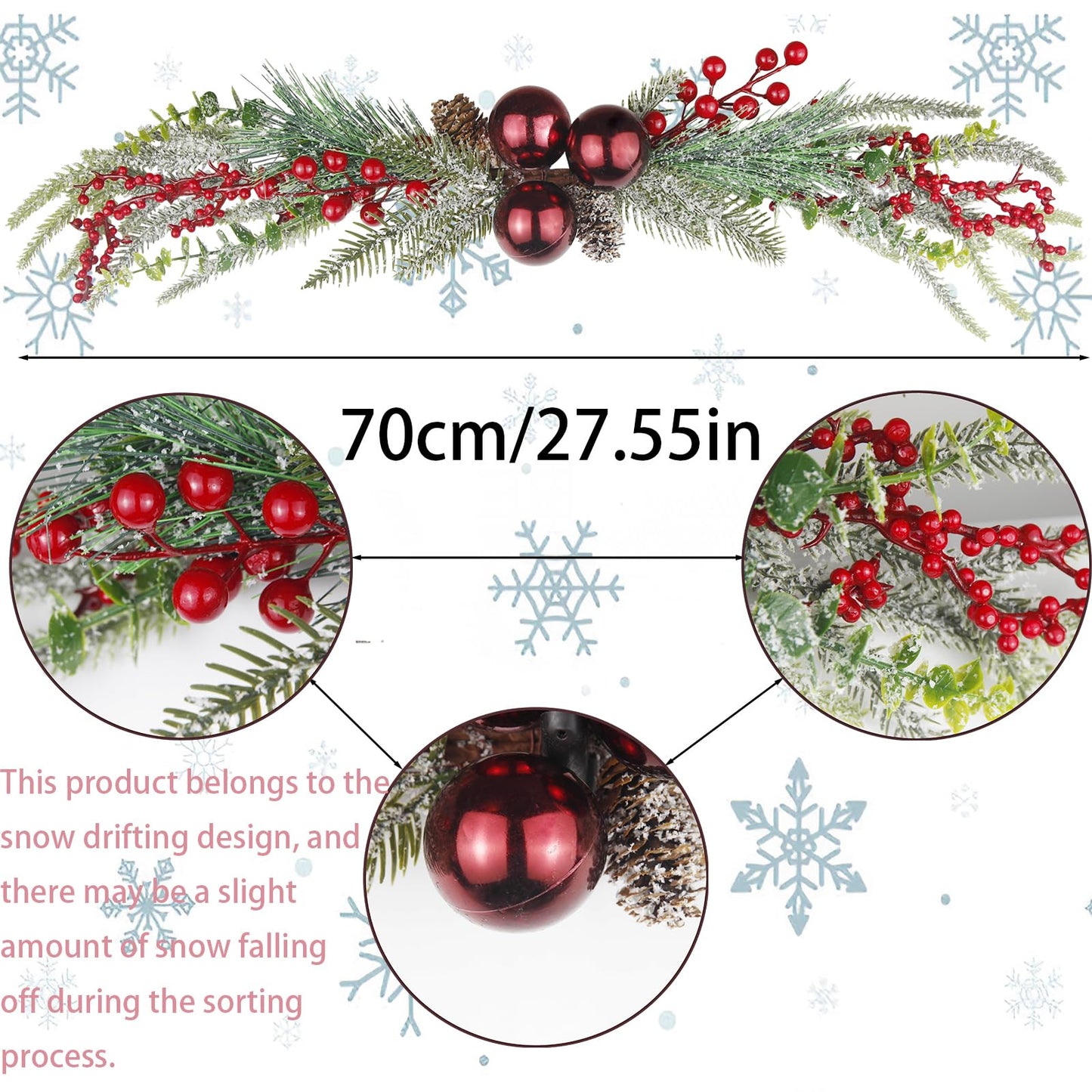 CISDUEO Christmas Decoration Floral Greenery with Berries and Christmas Balls Red Pinecone 27.55 Inch Wreath Xmas Door Swag for Front Door Festival Decor Wall Arch Window