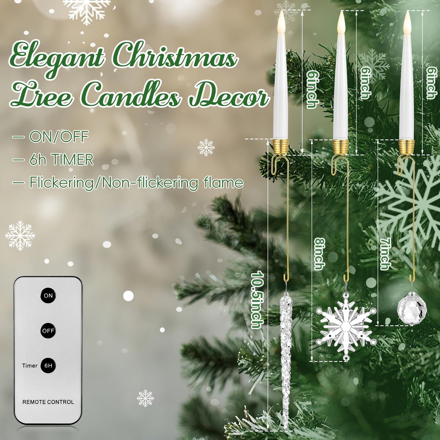 Baquler 12 Pcs Christmas Tree Candles with Remote, Flameless LED Taper Candles Battery Operated Lights with Ball Icicles Snowflake Hooks Xmas Hanging Decor for Winter New Year Party